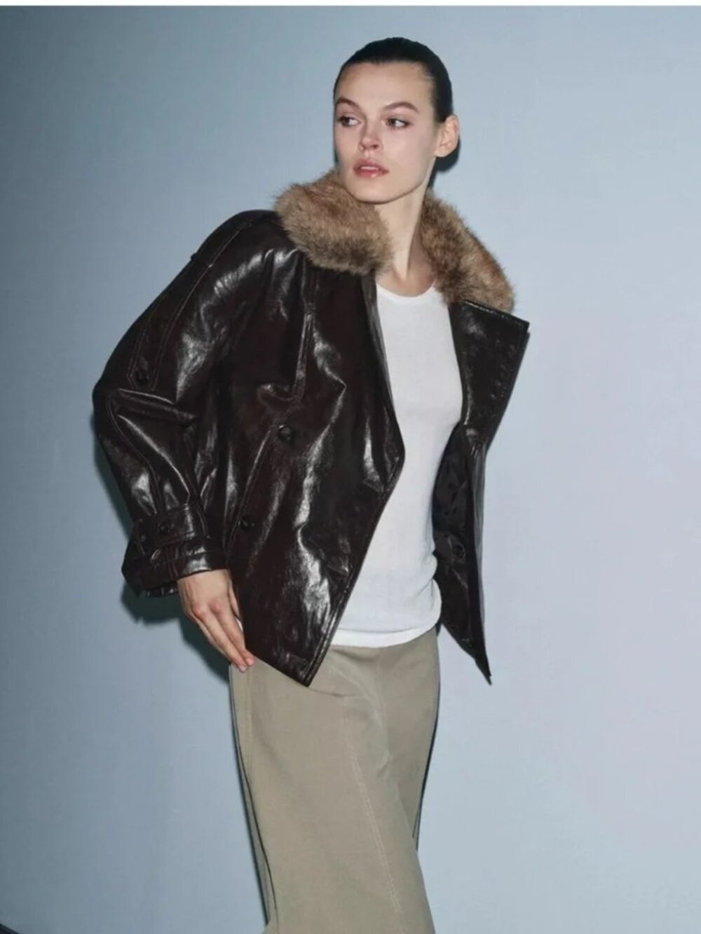 ZARA SHINY FAUX FUR COLLAR JACKET ZW COLLECTION, Brown | 8491/315/700, Large
